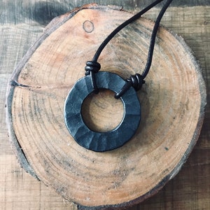 Hand Forged Hammered Iron Ring Pendant Necklace - Blacksmith Made - 6th Anniversary Iron Jewellery