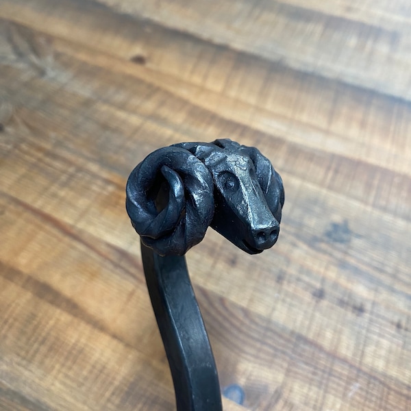 Hand Forged Iron Ram's Head Fire Poker - Blacksmith Made