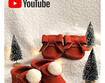 Christmas Suede Baby Moccasins Sewing Pattern & Tutorial Newborn Crib shoes Download DIY Infant Slippers Template How to make bow moccasins