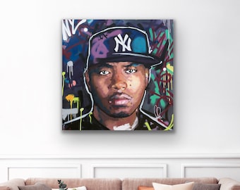 Nas, Original Painting, 30", Large, Art, Music, Portrait, Graffiti, Rap, Hip Hop, New York, Contemporary, Richard Day