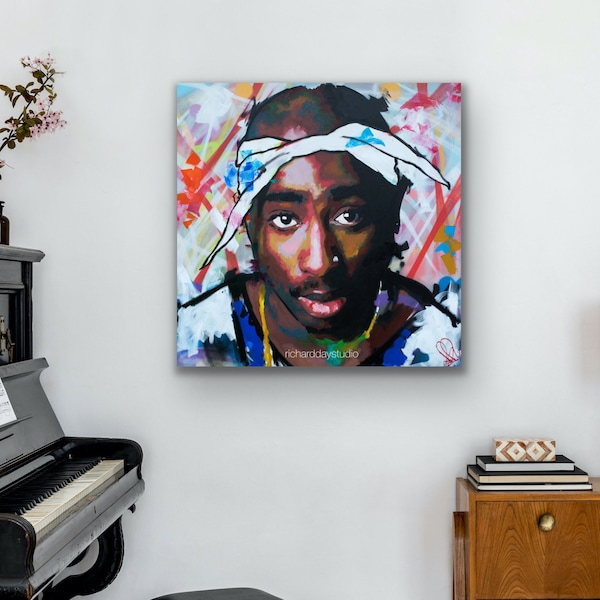 Tupac Shakur (2pac) (Bandana) Original Painting, 24", 30", Art, Music, Rap, Rapper, New York, Hip Hop, Graffiti, Gift, Richard Day