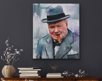 Winston Churchill Oil Painting | Original Winston Churchill Painting 38" | Richard Day Canvas | Fine Art Home Décor | Hand Made Oil Painting