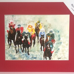 May include: A watercolor painting of a group of horses and riders in a race. The horses are brown and black, and the riders are wearing colorful jockey silks. The painting is done in a loose, impressionistic style.