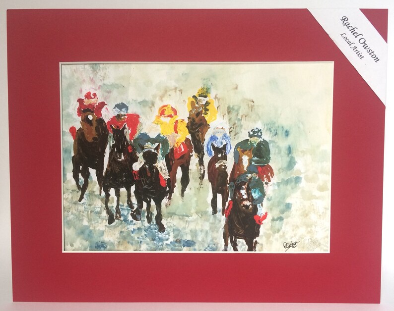May include: A watercolor painting of a group of horses and riders in a race. The horses are brown and black, and the riders are wearing colorful jockey silks. The painting is done in a loose, impressionistic style.