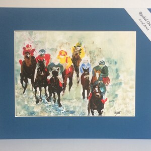 May include: A watercolor painting of a group of horses and riders in a race. The horses are brown and black, and the riders are wearing colorful jockey silks. The painting is done in a loose, impressionistic style.