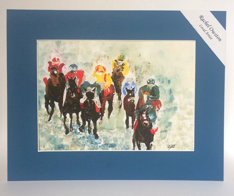 May include: A watercolor painting of a group of horses and riders in a race. The horses are brown and black, and the riders are wearing colorful jockey silks. The painting is done in a loose, impressionistic style.