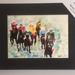 May include: A watercolor painting of a group of horses and riders in a race. The horses are brown and black, and the riders are wearing colorful jockey silks. The painting is done in a loose, impressionistic style, with a focus on capturing the movement of the horses.