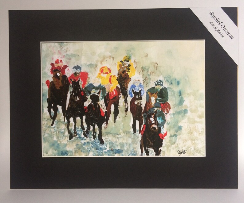 May include: A watercolor painting of a group of horses and riders in a race. The horses are brown and black, and the riders are wearing colorful jockey silks. The painting is done in a loose, impressionistic style, with a focus on capturing the movement of the horses.