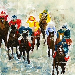 May include: A painting of a horse race with seven horses and riders. The horses are brown and black, and the riders are wearing colorful clothing. The background is a light blue and white.