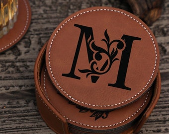 Posavasos personalizados con monograma, posavasos de cuero personalizados, juego de 6, posavasos redondos personalizados, regalos de aniversario 24101201
