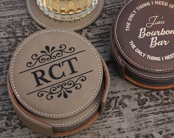 Custom Leather Coaster, Set of 6, Personalized Name Coasters, Customized Round Coasters, Anniversary Gifts, gift for him 24101106