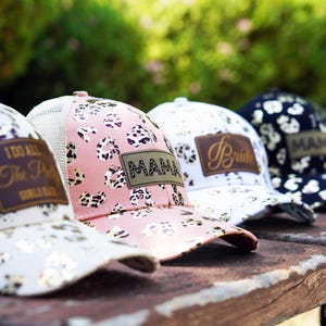 Custom Leopard Print Trucker Hat: Personalized Leather Patch, High Ponytail