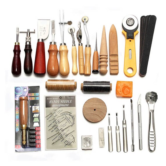 37 Pcs Leather Craft Tools Kit Hand Sewing Stitching Punch Etsy