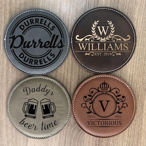 Custom Leather Coaster Set, Personalized Coasters, Set of 6, Customized Round Coasters, Anniversary Gifts Gifts to Celebrate Moving 24092901