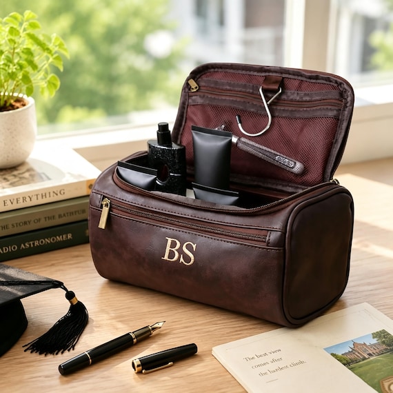 Personalized Embroidered Monogram Leather Toiletry Bag Custom Initials Mens Travel Toiletry Bag Graduation Gift for Him LXY1608