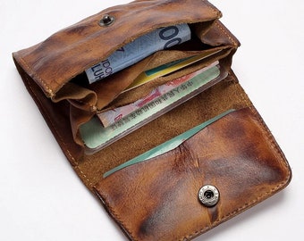 Vintage Genuine Leather Card Holder, Men Women Handmade Short Credit Card Holder, Coin Purse Case Small Wallet