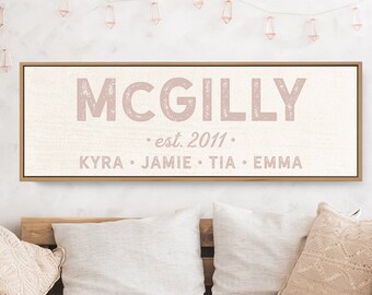 blush pink LAST NAME canvas, distressed farmhouse sign, custom name & year established + kids names, shabby chic boho wall art print {s}