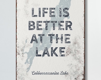 custom LAKE HOUSE sign > personalized "life is better at the lake" poster, gray wall art for lakehouse decor (Cobbosseecontee Lake) {lsw}