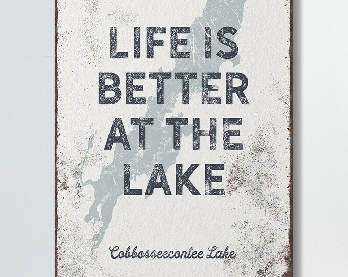 custom LAKE HOUSE sign > personalized "life is better at the lake" poster, gray wall art for lakehouse decor (Cobbosseecontee Lake) {lsw}