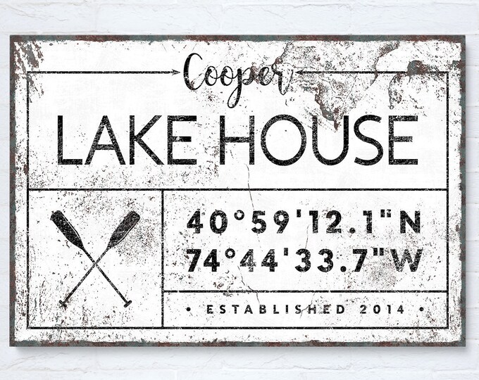custom LAKE HOUSE canvas, farmhouse name sign, lakehouse personalized GPS location coordinates, rustic white vintage nautical decor {gdw}
