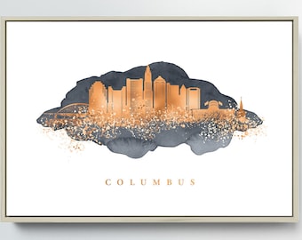 Bedroom Decor, Columbus Skyline Art Print, Living Room Decor, Personalized Gift, Faux Metallic Copper, Large Framed Canvas Wall Art