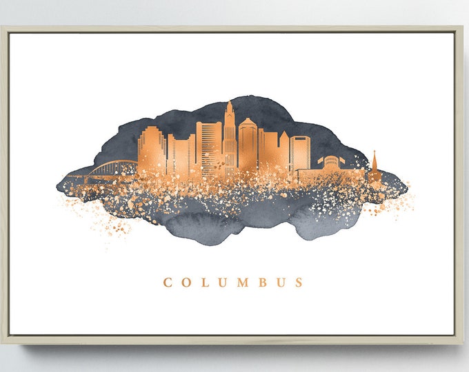 COLUMBUS SKYLINE art print > faux metallic copper and dark gray sign with custom skyline, large framed canvas wall decor