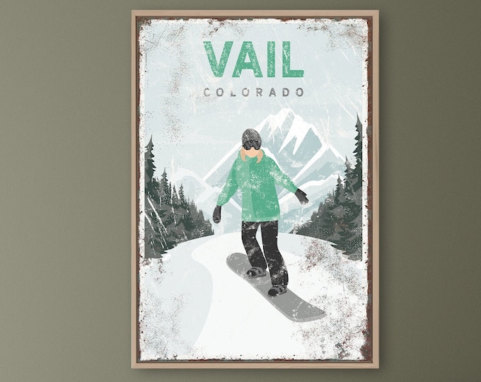 vintage snowboard poster > custom canvas print, gift for female snowboarder, retro mountain house decor wall art (Vail, Colorado) {vpw}