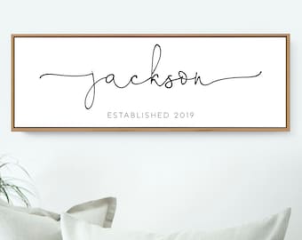 canvas LAST NAME sign, personalized farmhouse print, script family name & year established, retro shabby chic boho wall art canvas {s}