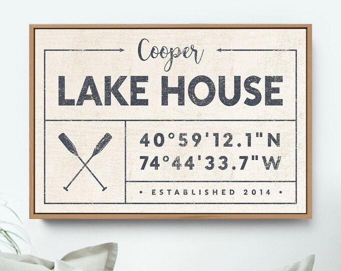 vintage LAKE HOUSE sign, nautical last name canvas for lakehouse, custom GPS location coordinates, rustic farmhouse boho wall art {gdo}