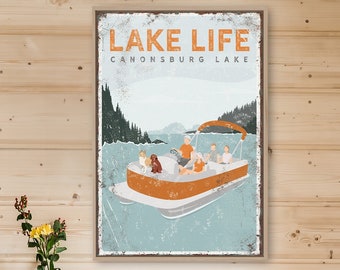 personalized FAMILY pontoon boat sign • LAKE LIFE, Canonsburg Lake print, family of 4, with 2 dogs • orange lake house decor gift {vpl}