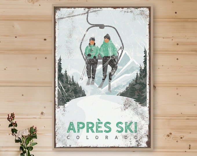 APRÈS SKI poster in mint for ski house decor, personalized mountain lodge wall art, custom sign on canvas (Breckenridge, Colorado) {vph}