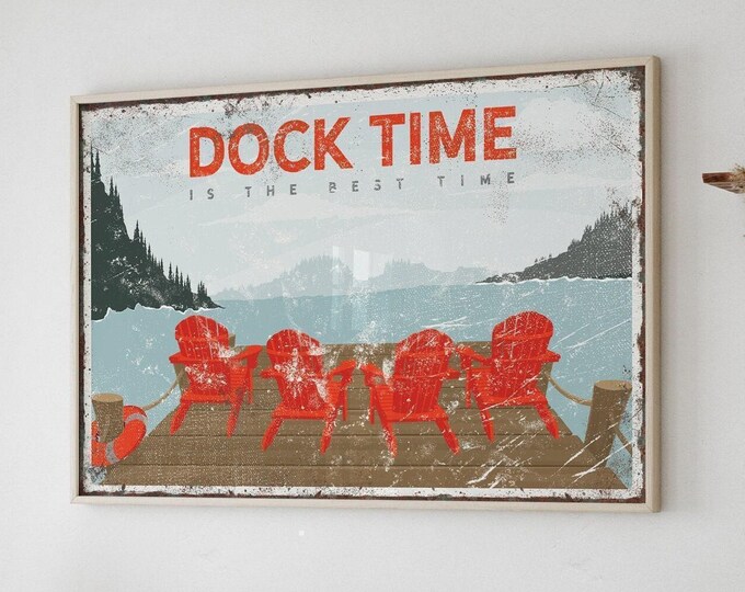 Adirondack Chairs Dock Time Sign, Lakefront Cottage Art, Red Lake House Gift