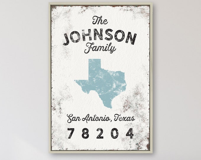 custom LAST NAME sign > blue boho farmhouse decor, personalized zip code print with state art and family name (San Antonio, Texas)