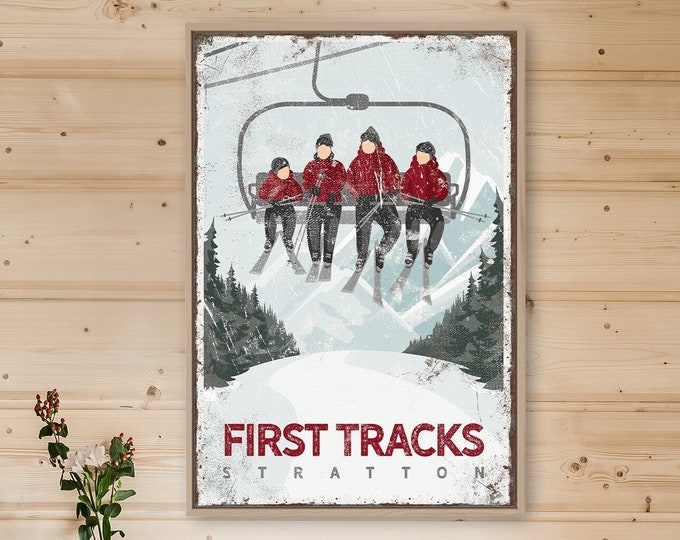 Personalized Four Person SKI LIFT Poster, Retro Ski House Decor, Vintage Maroon Mountain Lodge Wall Art, Stratton Vermont Art {vph}