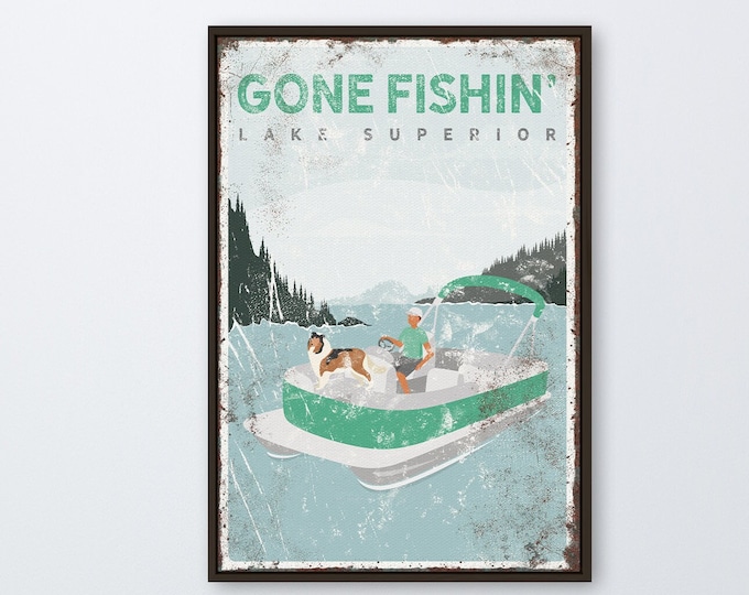 mint green GONE FISHIN' canvas • personalized PONTOON boat art for lake house decor • Lake Superior poster with Border Collie Dog {vpl}