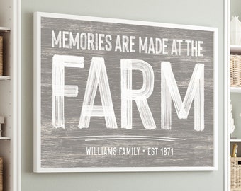taupe gray FARM HOUSE decor > vintage "memories are made at the FARM" sign with name and year, farmhouse faux weathered wood canvas  {pwo}