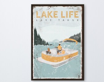 personalized COUPLE pontoon boat sign • LAKE LIFE • Lake Tahoe • Couple with 2 dogs • Dachsund and Goldendoodle • lake house decor {vpl}