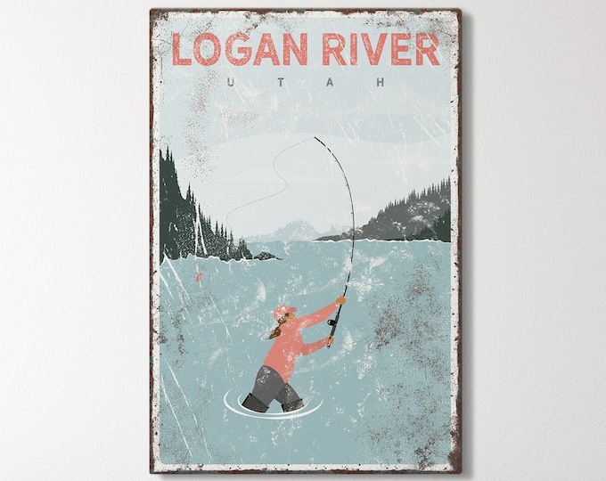 Coral fishing poster > vintage Logan River fishing sign, custom lake or river fly fishing art print for lake house decor, gift for her {vpl}