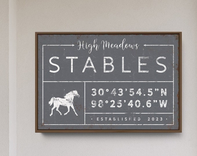 personalized STABLES sign, personalized last name canvas, custom coordinates, grid sign with horse icon, vintage farmhouse wall decor {gdb}
