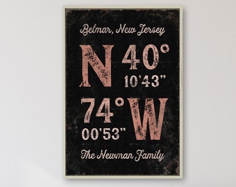 custom COORDINATES print > personalized family name canvas, coral pink and black wall art for vintage farmhouse decor, rustic GPS sign {gpb}