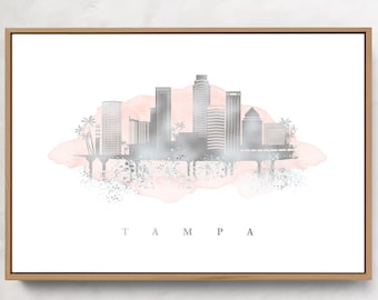 TAMPA SKYLINE sign >  custom faux metallic silver and blush pink watercolor art print, large framed canvas art print for home wall decor