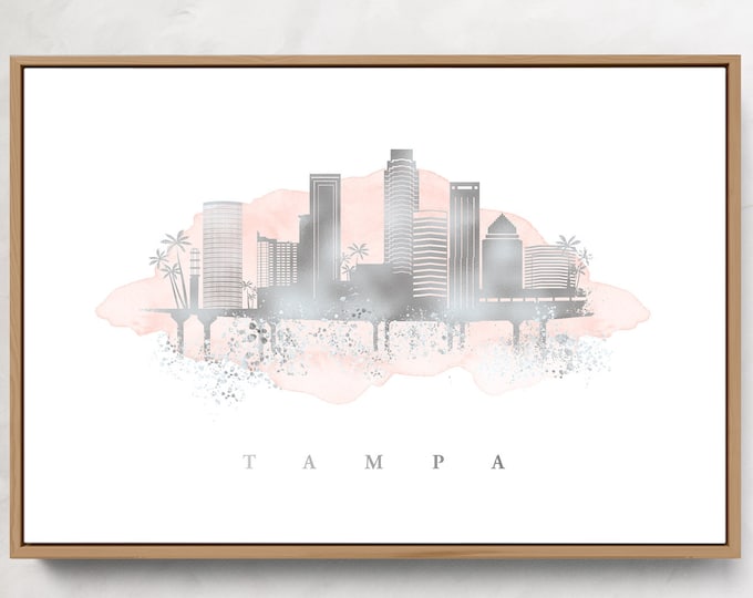 TAMPA SKYLINE sign >  custom faux metallic silver and blush pink watercolor art print, large framed canvas art print for home wall decor