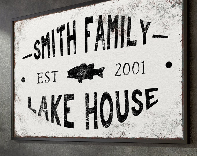 large LAKE HOUSE sign > vintage fishing print with last name for lakehouse decor, black and white farmhouse wall art, large mouth bass fish