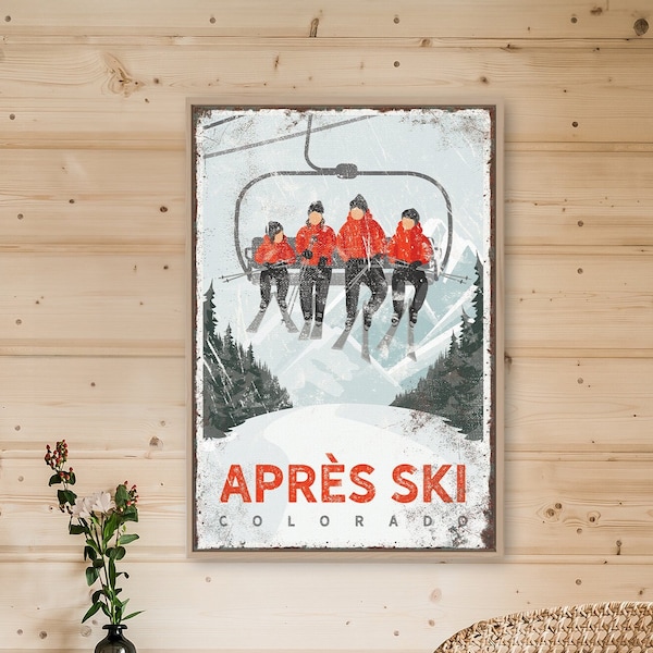 Personalized Four Person SKI LIFT Poster, Retro Ski House Decor, Vintage Red Accent, Mountain Lodge Wall Art, Apres Ski, Colorado Art {vph}