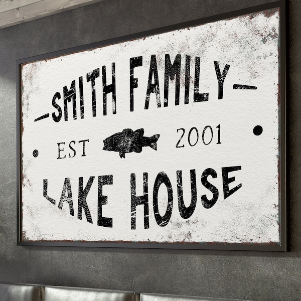 large LAKE HOUSE sign > vintage fishing print with last name for lakehouse decor, black and white farmhouse wall art, large mouth bass fish