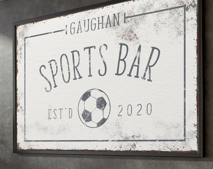 personalized SPORTS BAR sign > vintage home bar wall art, custom soccer art print for lake house decor, large wrapped football print