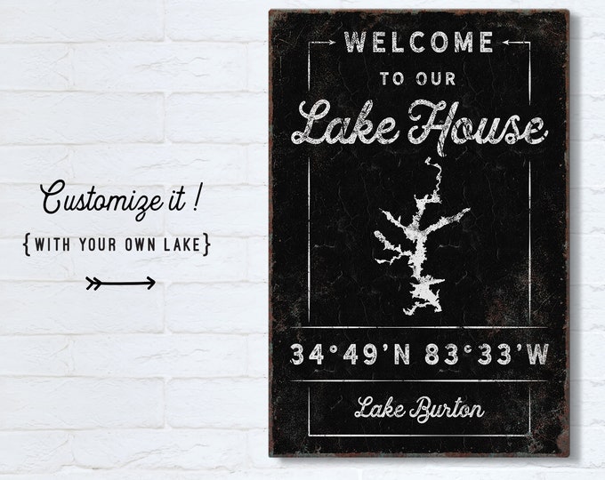 black LAKE HOUSE sign > custom print with coordinates, rustic farmhouse canvas wall art for lakehouse decor (shown: Lake Burton) {lgb}