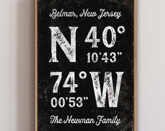 custom COORDINATES canvas > personalized family name sign, black and white print for modern farmhouse decor, rustic vintage wall art {gpb}