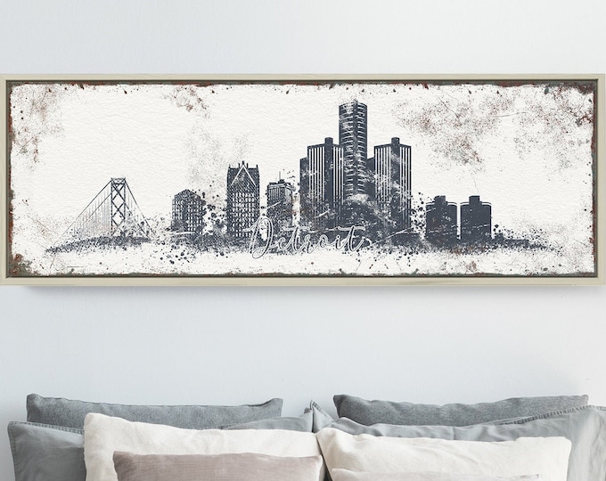 DETROIT SKYLINE sign > hale navy skyline wall art for modern nautical decor, extra large art print, custom framed canvas