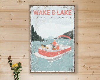 personalized pontoon boat sign, vintage WAKE & LAKE NORMAN poster, couple with dog, german shepherd, coral pink lake house decor gift {vpl}